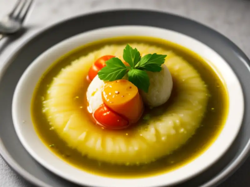 Zuppa di limanda con pesto e pomodorini